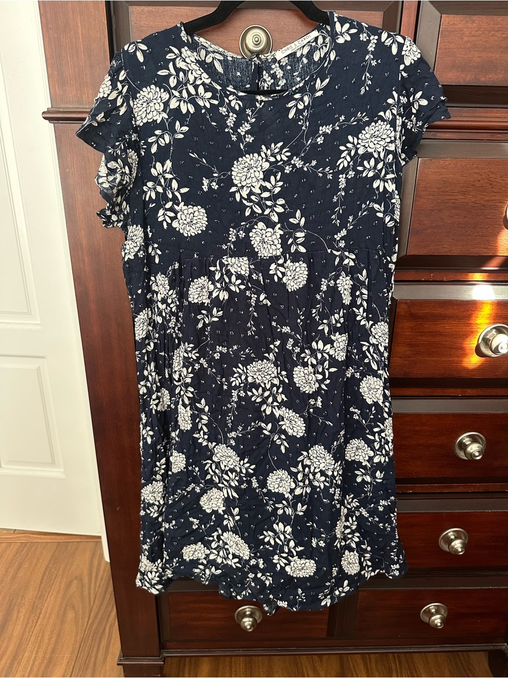 Chris & Carol Sz Large Navy Floral Print Dress Ruffle Sleeve Knee Length